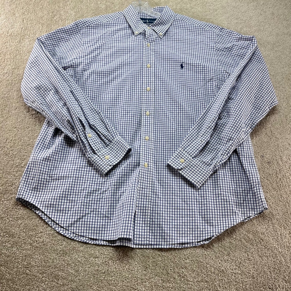 Ralph Lauren Button Down Mens XL Blue White Classic Fit Check Cotton Shirt